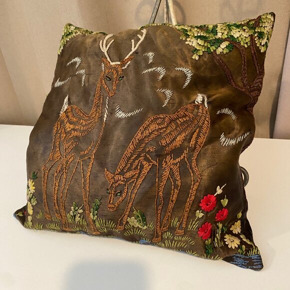 Vintage Brown Satin Pillow – Hand Embroidered Deer Forest Cabin 13x13 - Picture 2 of 7